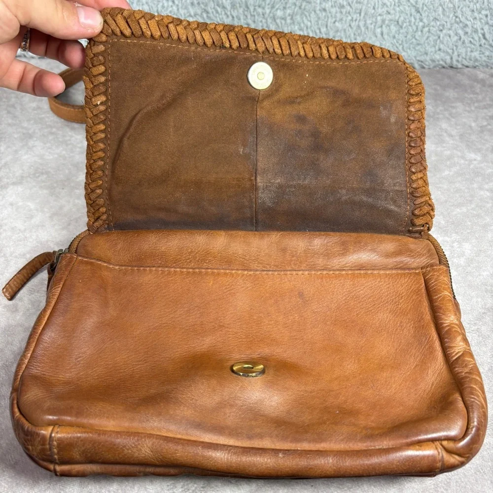 Leather Crossbody Bag Womens Small Brown Whipstitch Braided Boho RN 75343